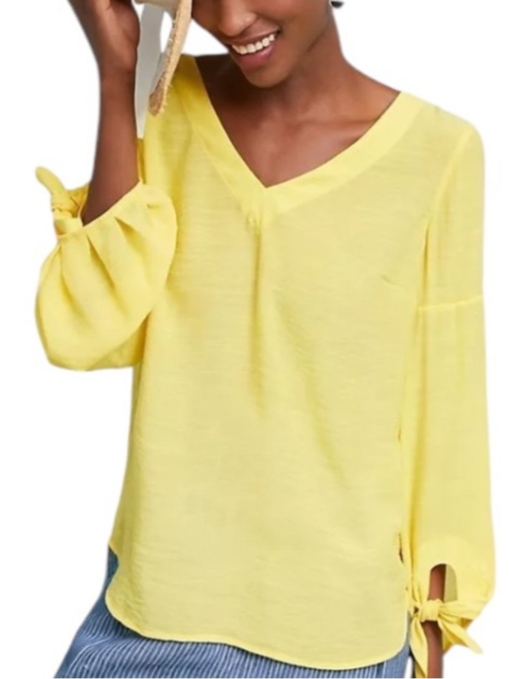 Anthropologie x Maeve | Bright Yellow V-Neck Tie-Sleeve Blouse